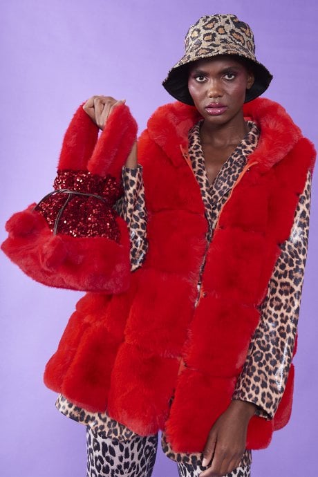 JAYLEY Red Sequin And Faux Fur Bag