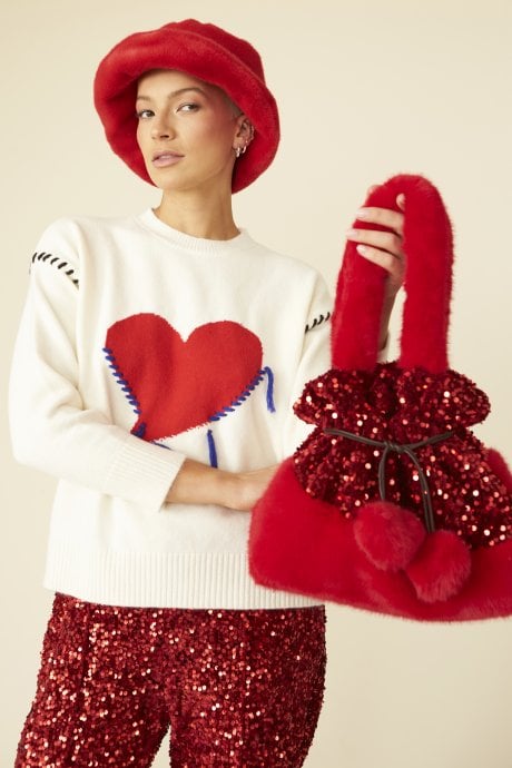 JAYLEY Red Sequin and Faux Fur Bag