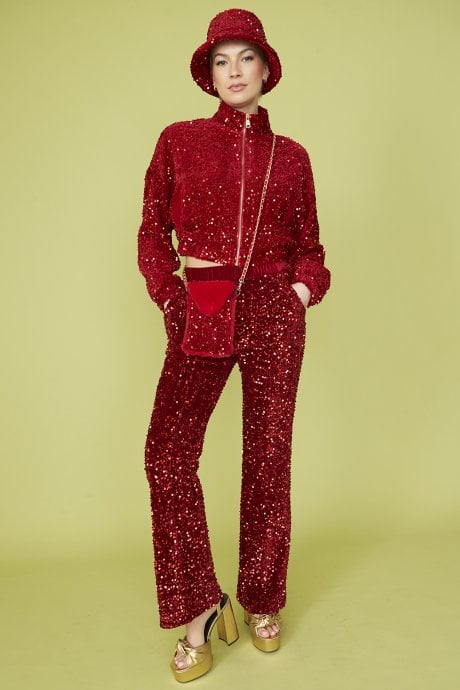 JAYLEY Red Sequin Cropped Biker Jacket