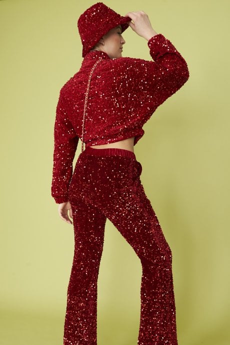 JAYLEY Red Sequin Cropped Biker Jacket