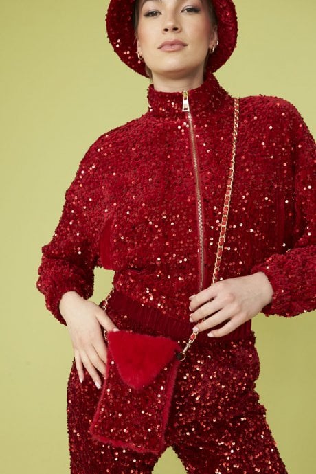 JAYLEY Red Sequin Cropped Biker Jacket