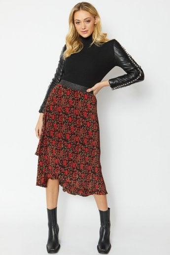 JAYLEY Red Silk Blend Floral Sarah Skirt