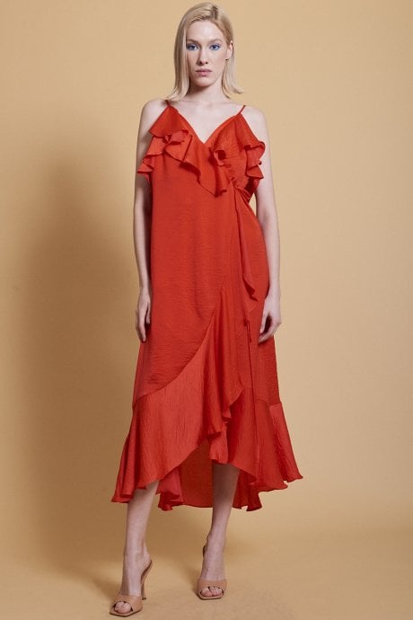 JAYLEY Red Silk Blend Maxi Wrap Ruffle Dress
