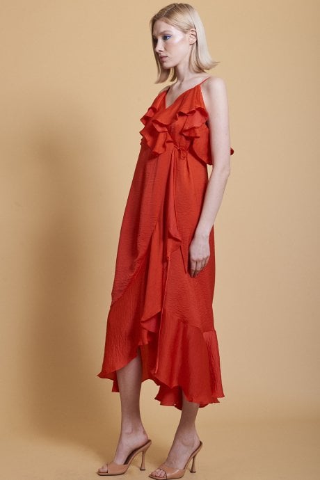 JAYLEY Red Silk Blend Maxi Wrap Ruffle Dress
