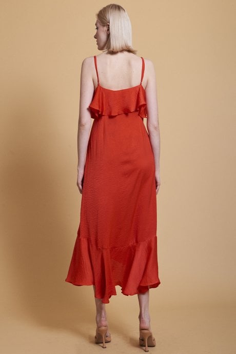 JAYLEY Red Silk Blend Maxi Wrap Ruffle Dress