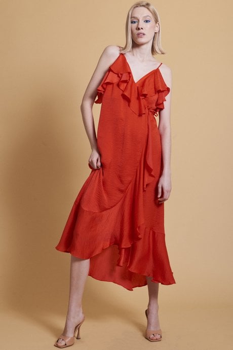 JAYLEY Red Silk Blend Maxi Wrap Ruffle Dress