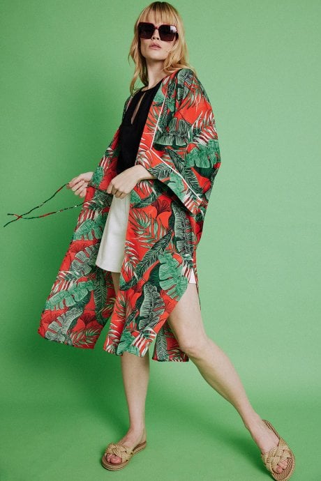 JAYLEY Red Silk Blend Palm Print Kimono