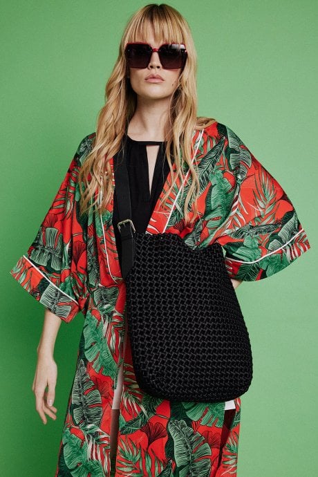 JAYLEY Red Silk Blend Palm Print Kimono