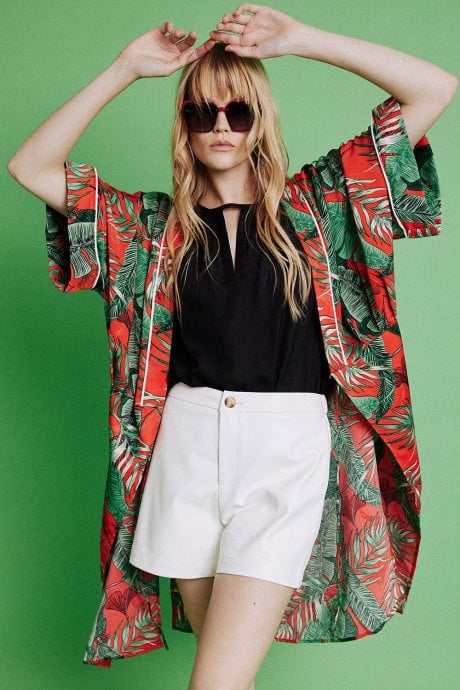 JAYLEY Red Silk Blend Palm Print Kimono