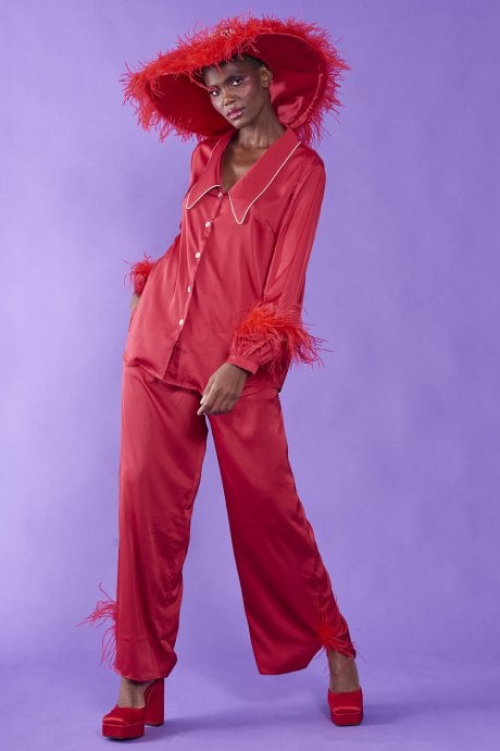 JAYLEY Red Silk Pyjamas With Feather Trim