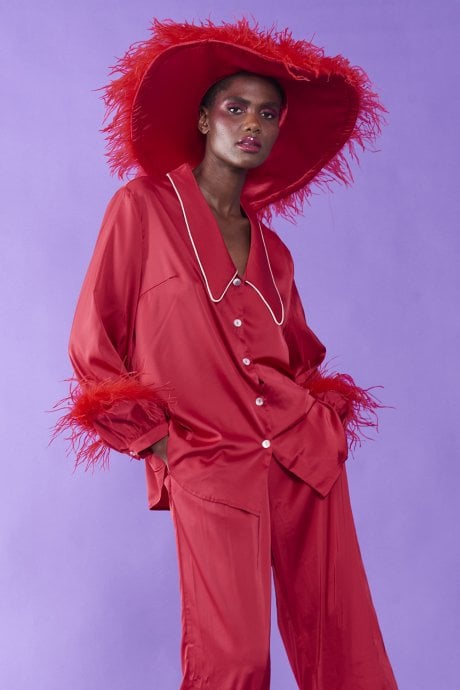 JAYLEY Red Silk Pyjamas With Feather Trim