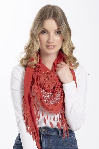JAYLEY Red Tassled Cotton Triangle Scarf