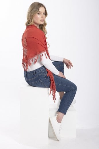 JAYLEY Red Tassled Cotton Triangle Scarf