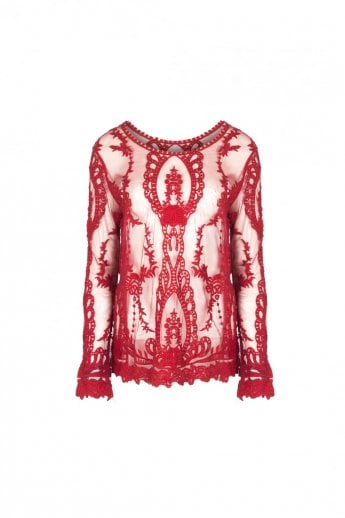 JAYLEY Red Vintage Inspired Lace Long Sleeved Top