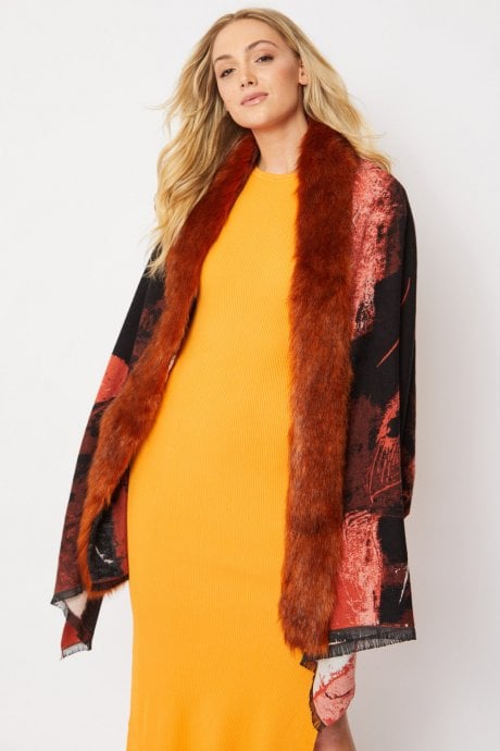 JAYLEY Red Wool Wrap With Faux Fur