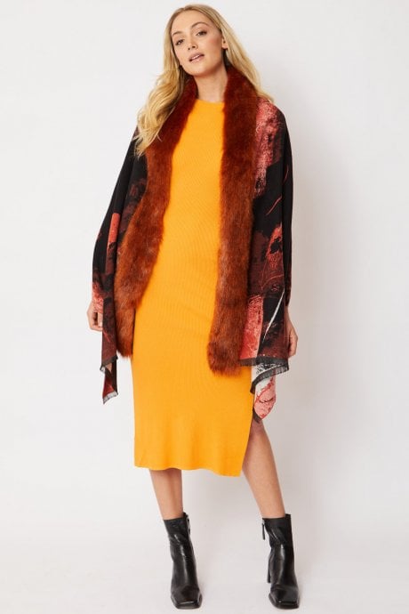 JAYLEY Red Wool Wrap with Faux Fur