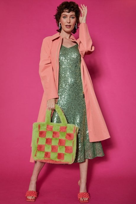 JAYLEY Reversible Check and Diamond Faux Fur Large Tote Bag