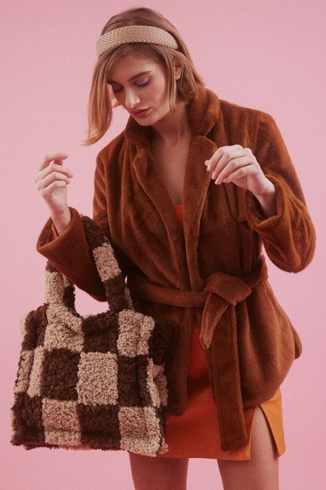 JAYLEY Shearling Checkered Tote Bag in Brown