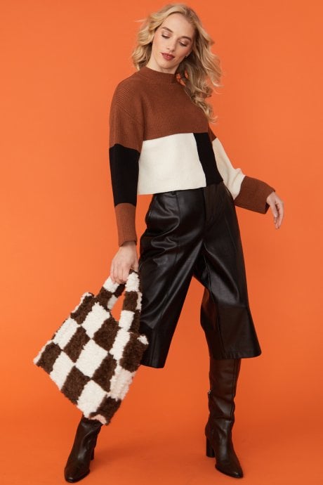 JAYLEY Shearling Checkered Tote Bag in Chocolate and Cream