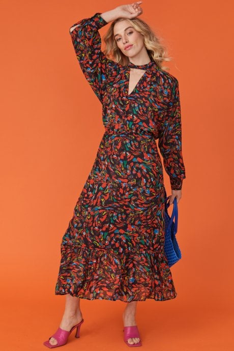 JAYLEY Silk Blend And Chiffon Floral Midi Dress In Red