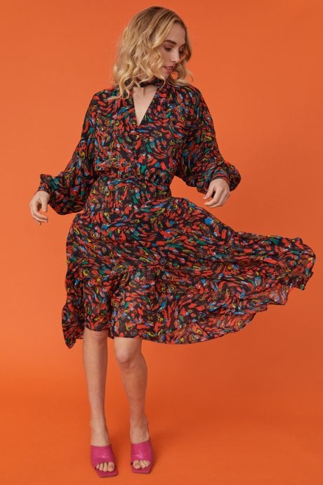 JAYLEY Silk Blend and Chiffon Floral Midi Dress in Red