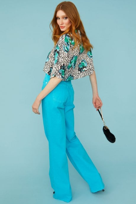 JAYLEY Silk Blend Animal Print Floral Cropped Blouse