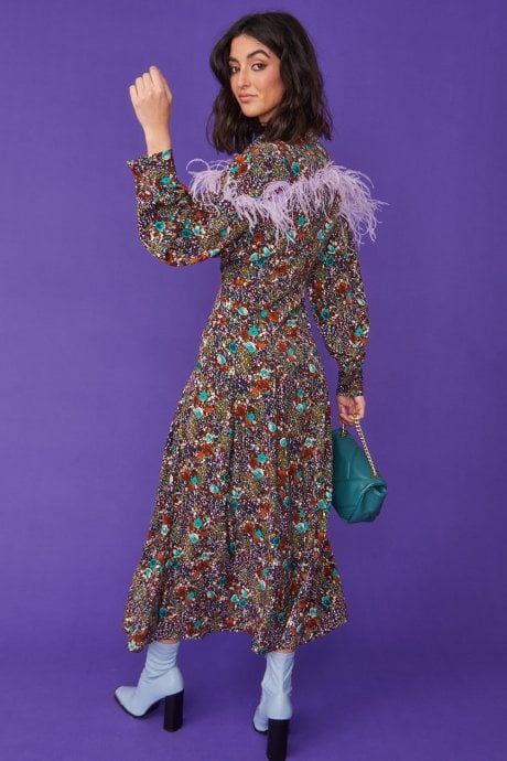 JAYLEY Silk Blend Feather Trim Dress