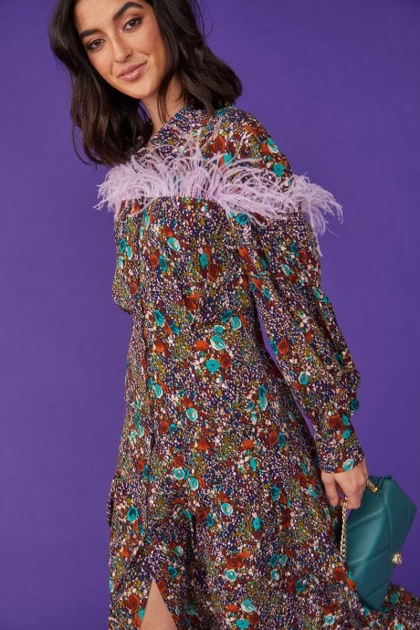 JAYLEY Silk Blend Feather Trim Dress