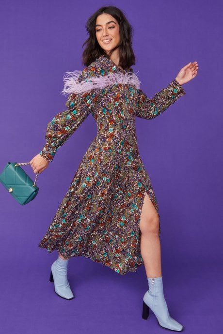 JAYLEY Silk Blend Feather Trim Dress