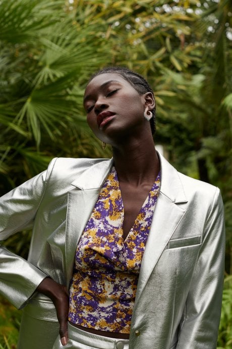 JAYLEY Silk Blend Halter Cowl Neck Crop Top In Purple And Yellow