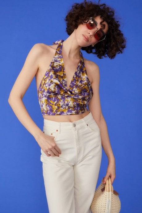 JAYLEY Silk Blend Halter Cowl Neck Crop Top In Purple And Yellow