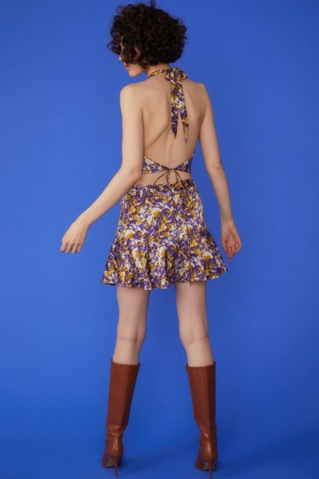 JAYLEY Silk Blend Halter Cowl Neck Crop Top In Purple And Yellow