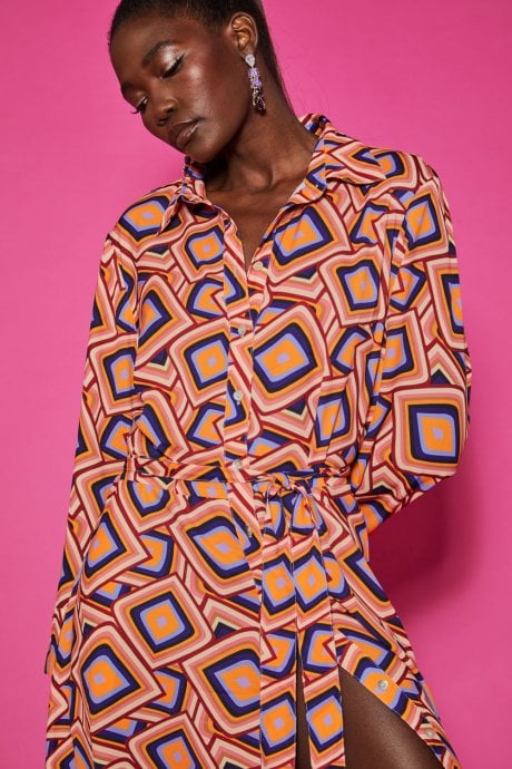 JAYLEY Silk Blend Maxi Shirt Dress In Geometric Print