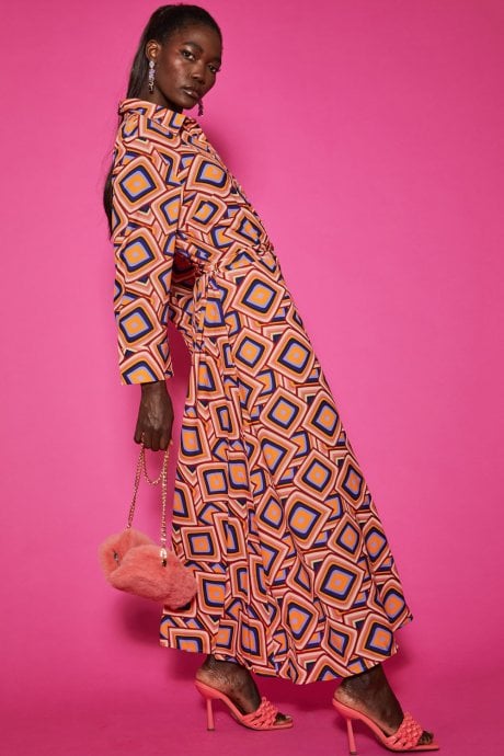 JAYLEY Silk Blend Maxi Shirt Dress In Geometric Print