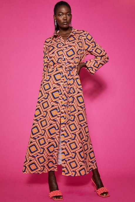 JAYLEY Silk Blend Maxi Shirt Dress In Geometric Print