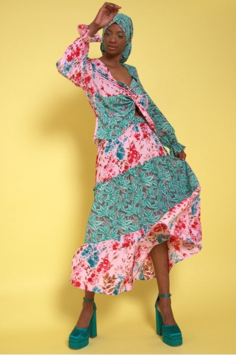 JAYLEY Silk Blend Two tones Floral Maxi Skirt