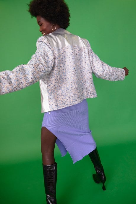 JAYLEY Silver Biker Jacket With Floral Embroidered Sleeves And Back