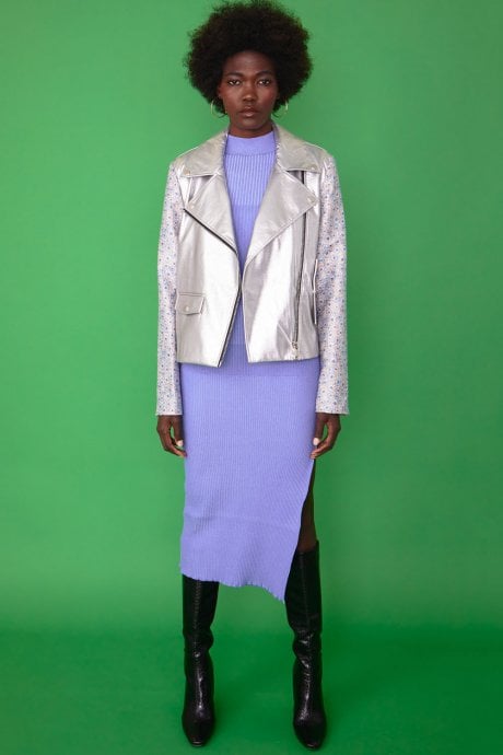 JAYLEY Silver Biker Jacket With Floral Embroidered Sleeves And Back