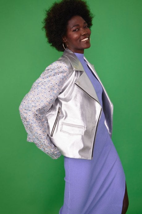 JAYLEY Silver Biker Jacket with Floral Embroidered Sleeves and Back