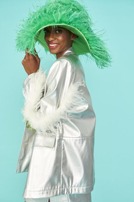 JAYLEY Silver Faux Leather Blazer With Feather Details