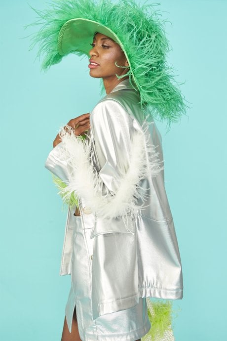 JAYLEY Silver Faux Leather Blazer with Feather Details