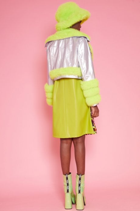 JAYLEY Silver Faux Leather With Lime Green Faux Fur Biker Jacket