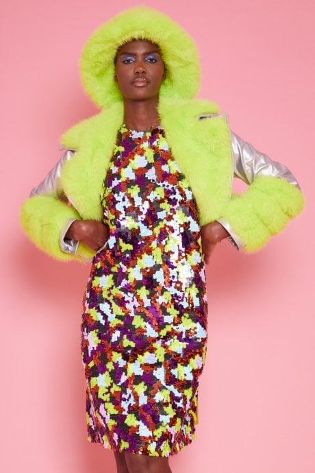 JAYLEY Silver Faux Leather With Lime Green Faux Fur Biker Jacket