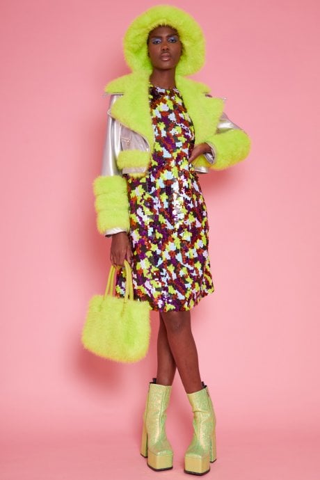 JAYLEY Silver Faux Leather With Lime Green Faux Fur Biker Jacket