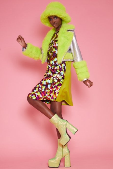 JAYLEY Silver Faux Leather with Lime Green Faux Fur Biker Jacket