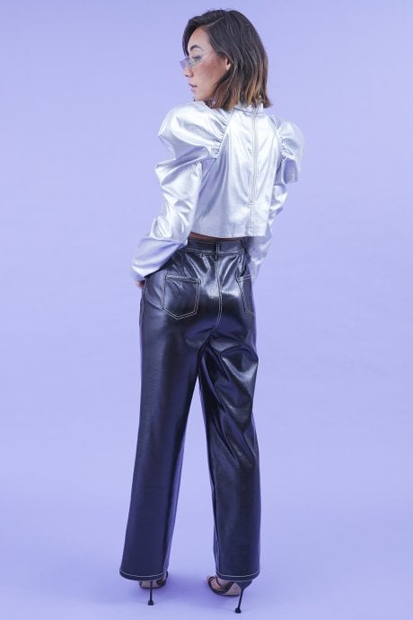 JAYLEY Silver Metallic Oversized Sleeve Crop Top