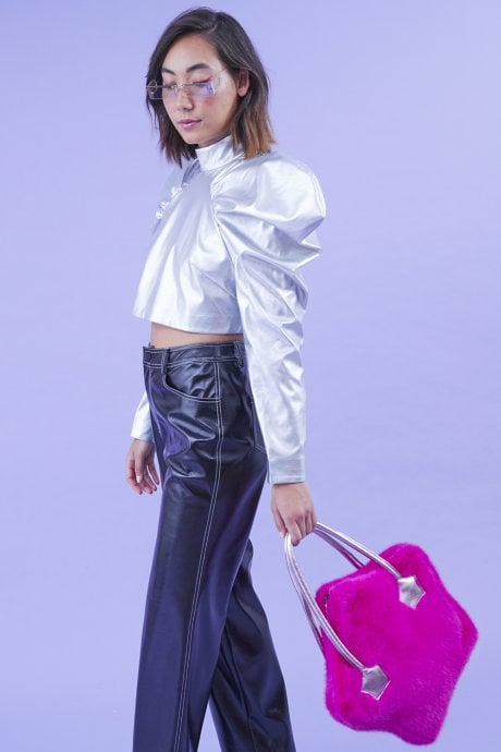 JAYLEY Silver Metallic Oversized Sleeve Crop Top