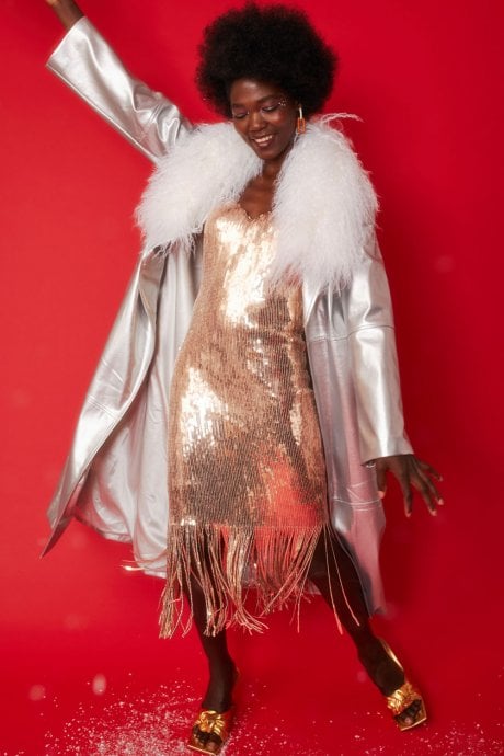 JAYLEY Silver Metallic Trench With Removable Mongolian Collar