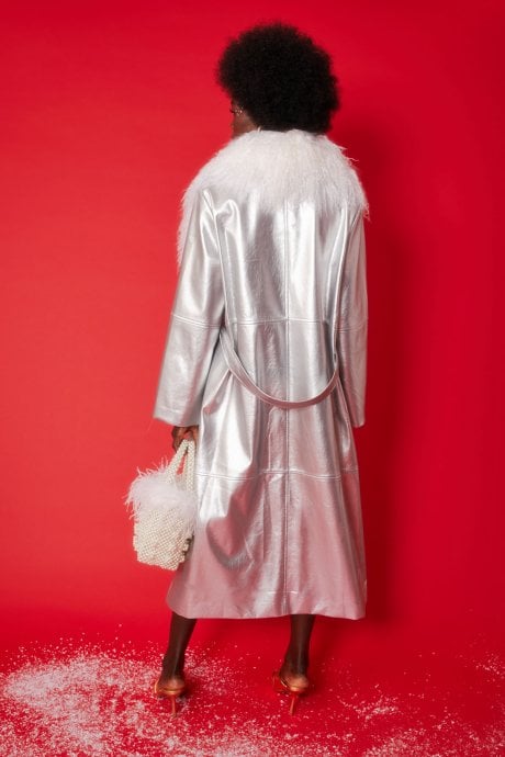JAYLEY Silver Metallic Trench With Removable Mongolian Collar