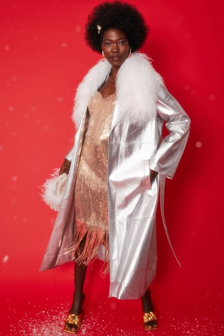 JAYLEY Silver Metallic Trench with Removable Mongolian Collar